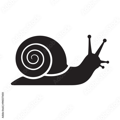 Silhouette of a garden snail with a spiral shell and extended antennae, isolated on a white background.