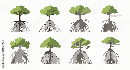 Minimal mangrove tree roots vector icon set EPS10 isolated on white