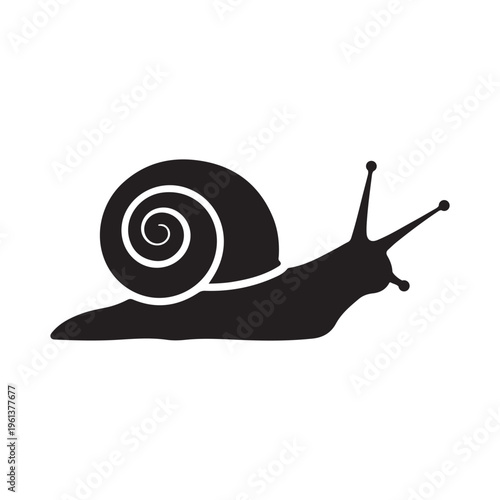 Silhouette of a garden snail with a spiral shell and extended antennae, isolated on a white background.