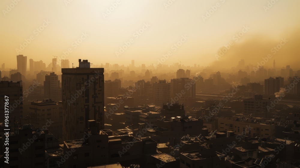 Fototapeta premium Panoramic view of a dense Middle Eastern city skyline shrouded in haze at sunset