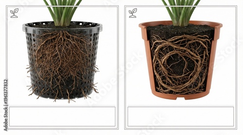 Visual Comparison of Healthy Root Systems in Different Plant Pots 3D Render