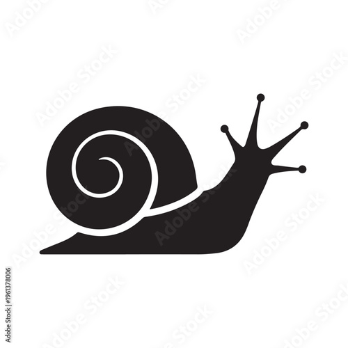 Silhouette of a garden snail with a spiral shell and extended antennae, isolated on a white background.