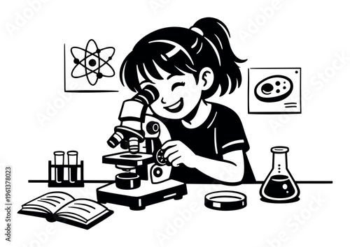 Schoolgirl exploring science, focusing on a microscope in a laboratory setup, engaging in learning and discovery
