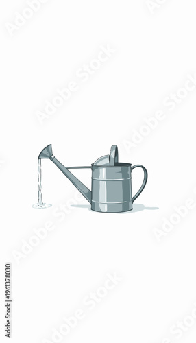 Illustration of a Metal Watering Can Pouring a Stream of Water, Emphasizing Gardening and Plant Care in a Minimalist Artistic Style