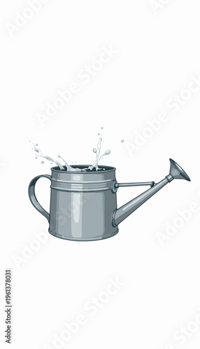 Illustration of a Traditional Metal Watering Can with Splashing Water for Gardening and Plant Care Enthusiasts