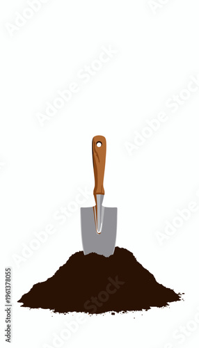 Illustration of a Gardening Trowel with Wooden Handle Inserted in a Pile of Rich Brown Soil on a White Background