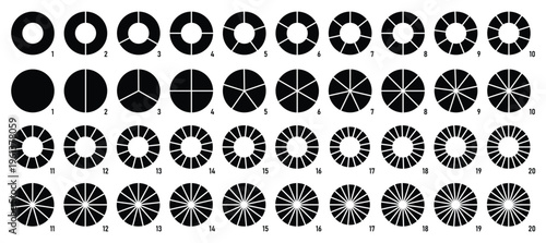 Circle pie chart infographics. Pizza part slice graph vector diagram. Round wheel divide into equal segments. Wheel diagrams set in black color.