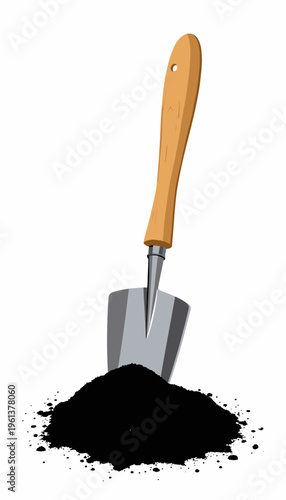 Illustration of a Garden Trowel with a Wooden Handle Placed in a Heap of Fresh Black Soil for Planting and Gardening Preparation