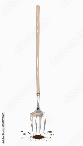 A Wooden Handled Gardening Fork Plunged into Soil with Loose Dirt for Cultivating and Aerating Garden Beds