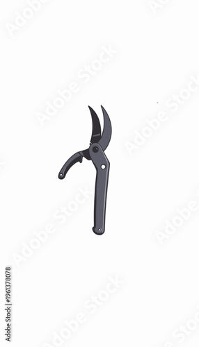 Illustration of a sleek, modern garden pruning shears with sharp, curved blades and ergonomic handle design on a plain white background emphasizing its form.