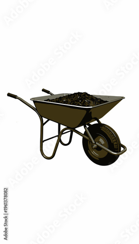 Sturdy Green Steel Wheelbarrow Filled with Mulch for Gardening and Landscaping Tasks