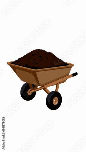 Illustration of a Brown Wheelbarrow Filled with Rich Dark Soil for Gardening and Landscaping Projects on a Neutral Background