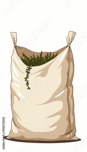 Large Burlap Sack Filled with Fresh Green Herbs, Tied at Corners, Standing Upright Against a White Background with Sprigs Overflowing