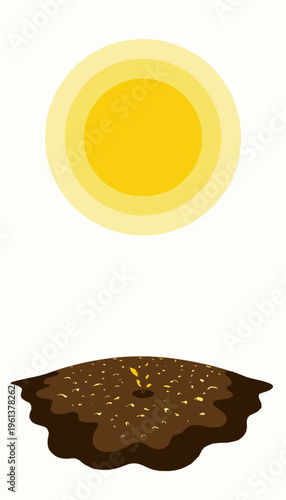 Bright Sun Shining Over Seedling Sprouting from Soil Representing Growth, Renewal, and the Cycle of Nature in a Vibrant Ecosystem Illustration