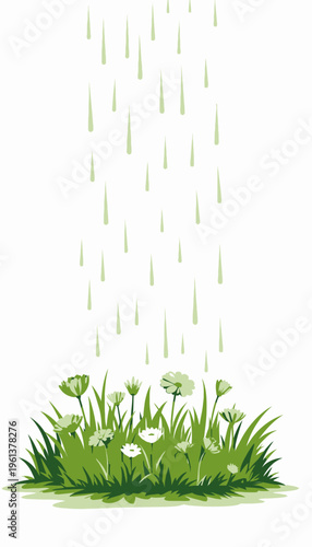 Illustration of Colorful Flowers Blooming in Lush Greenery with Raindrops Falling Gently Creating a Serene Nature Scene