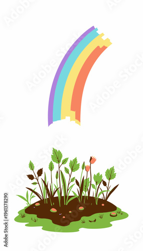 Vibrant Rainbow Arches Above a Flourishing Garden Scene with Colorful Flowers and Lush Greenery Surrounded by Small Rocks