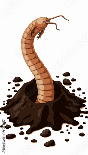 Illustration of an Earthworm Emerging from the Ground Surrounded by Dispersed Soil and Rocks Depicting Natural Habitat and Ecosystem Dynamics in a Detailed Artistic Style