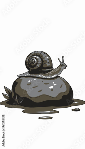 Charming Illustration of a Snail Gracefully Crawling Over a Smooth Rock Amidst a Small Pool of Water and Greenery
