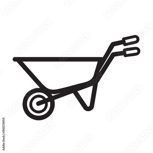 A clear outline illustration of a wheelbarrow with one wheel and two handles.