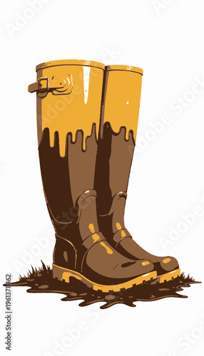 Illustration of Tall Yellow and Brown Boots with Muddy Base on Grass Against a White Background