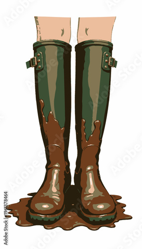 Illustration of Long Green Boots Splattered with Mud, Showcasing Outdoor Adventure and Rugged Footwear for Nature or Hiking Enthusiasts
