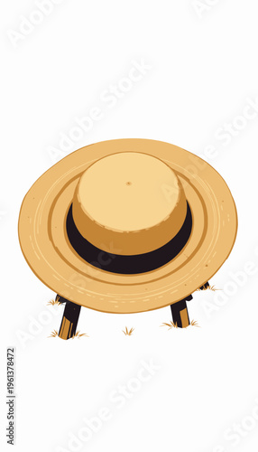 Illustration of a Straw Hat with Black Band Resting on Wooden Stand Surrounded by Sparse Grass on White Background