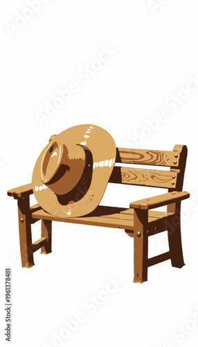 Wide-brimmed straw hat resting atop a rustic wooden bench on a bright sunny day with shadows cast on the ground