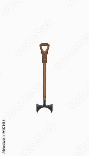 Illustration of a gardening tool featuring a brown wooden handle and dual metal digging blades in a minimalist style on a plain white background.