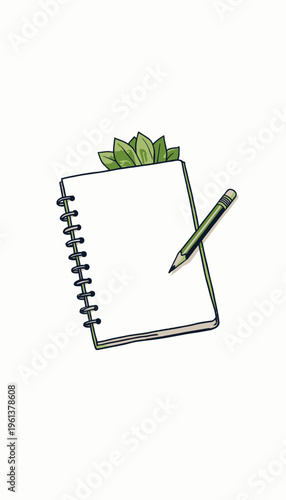 Illustration of a Blank Spiral Notebook with Pencil and Decorative Green Leaves on a White Background