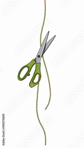 Illustration of a pair of scissors with green handles cutting through a twisting brown rope against a white background, showcasing precision and sharpness