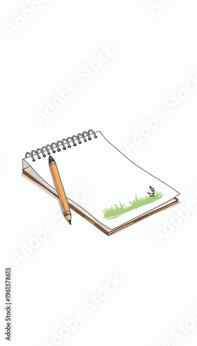 Detailed Illustration of Spiral Notebook with Pencil and Green Grass Decoration on White Background