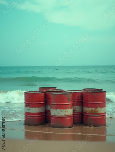 A group of red barrels resting on the sandy shore with ocean waves gently lapping at them.