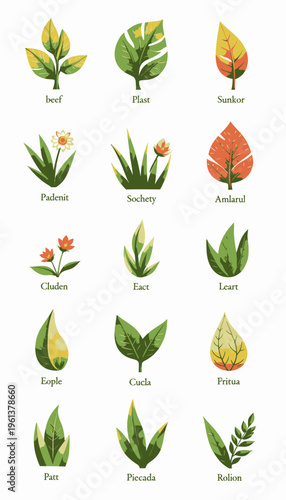 Illustration Featuring a Collection of Vibrant Leaf and Flower Types with Unique Shapes and Colors in a Grid Layout