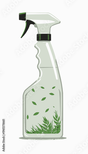 Eco-Friendly Spray Bottle Filled with Green Liquid and Floating Leaves for Natural Cleaning Solutions and Sustainable Practices