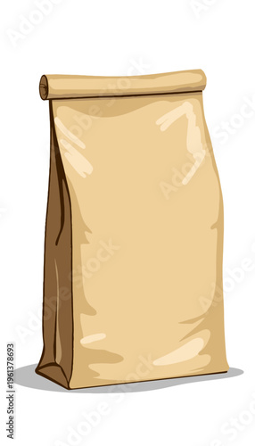 Illustration of a Tall Standing Brown Paper Bag With Creases and a Top Rolled Down Closure