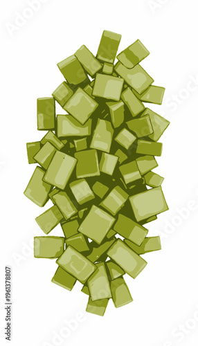 A Cluster of Bright Green Glossy Square Tiles Arranged Randomly Against a Plain White Background for Artistic Interior Design