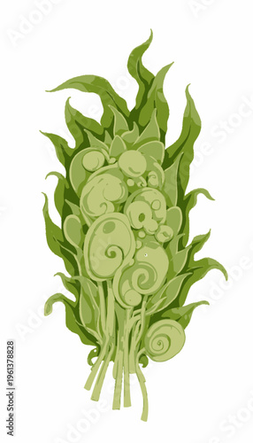 Illustration of Vibrant Green Vine with Curled and Unfurling Leaves Showcasing Nature's Intricate Patterns and Spirals in Organic Botanical Artform