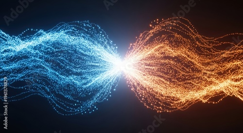 Two colorful particle streams merging abstract background.
