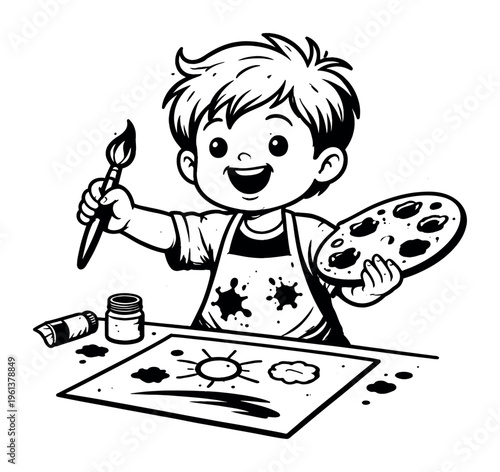 Cheerful boy engaging in an art activity, holding a brush and paint palette, nurturing creativity and fun in learning