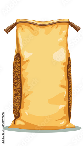 Illustration of a Large Yellow Grain Sack with Brown Rope Ties and Visible Seeds for Agricultural and Storage Purposes