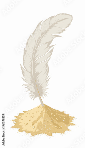 Illustration of a Feather Standing Upright in a Pile of Soft Sand Showcasing Lightness and Elegance in Nature Inspired Art