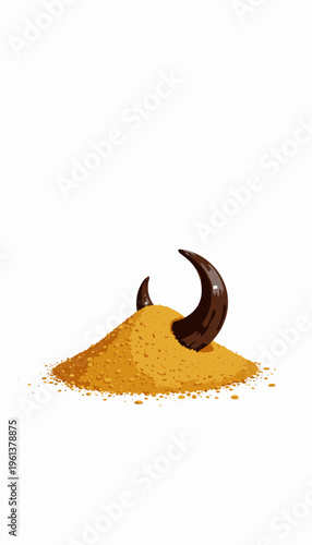 Illustration of Mysterious Dark Horn Protruding from Golden Sand Dune Against Minimalistic White Background