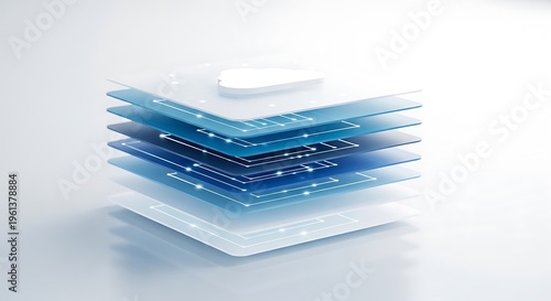 Abstract layered illustration depicting digital cloud technology with glowing nodes and lines