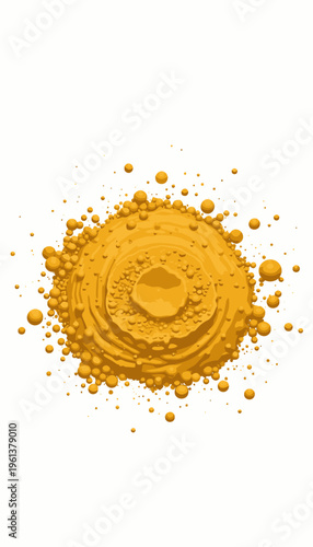 Vibrant Yellow Paint Explosion Captures Dynamic Burst of Color and Texture on a Pristine White Surface with Splattered Drips and Spirals