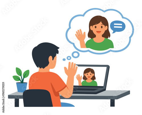 Man interacting remotely on a laptop screen with a woman waving back, symbolizing online communication and virtual friendship