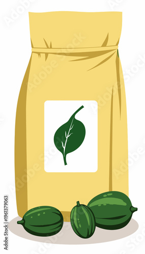 Organic Green Vegetable Seeds Bag with Fresh Cucumbers Illustrating Sustainable Farming and Gardening Practices
