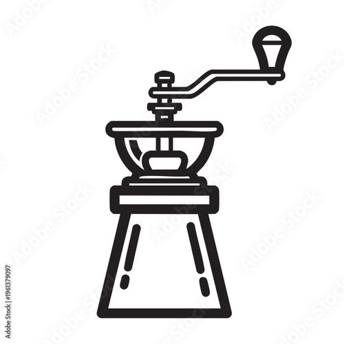 An illustration of a manual coffee grinder on a plain background.