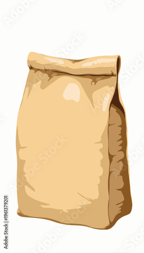 Illustration of a Simple Brown Paper Bag with Rolled Top Fold on a White Background Highlighting Eco-Friendly Packaging