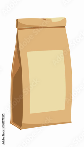 Illustration of a brown paper bag with a large blank label, showcasing packaging design for versatile storage of dry goods and eco-friendly retail solutions