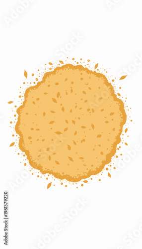 Circular Golden Cookie Surrounded by Crumbs and Sprinkled with Small Leaves on a White Background